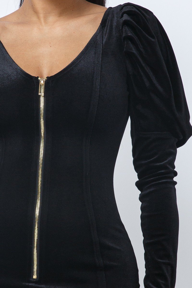 Soft Velvet Pleated Puff Sleeve Low V Neck Front And Back Mini Dress - Black
