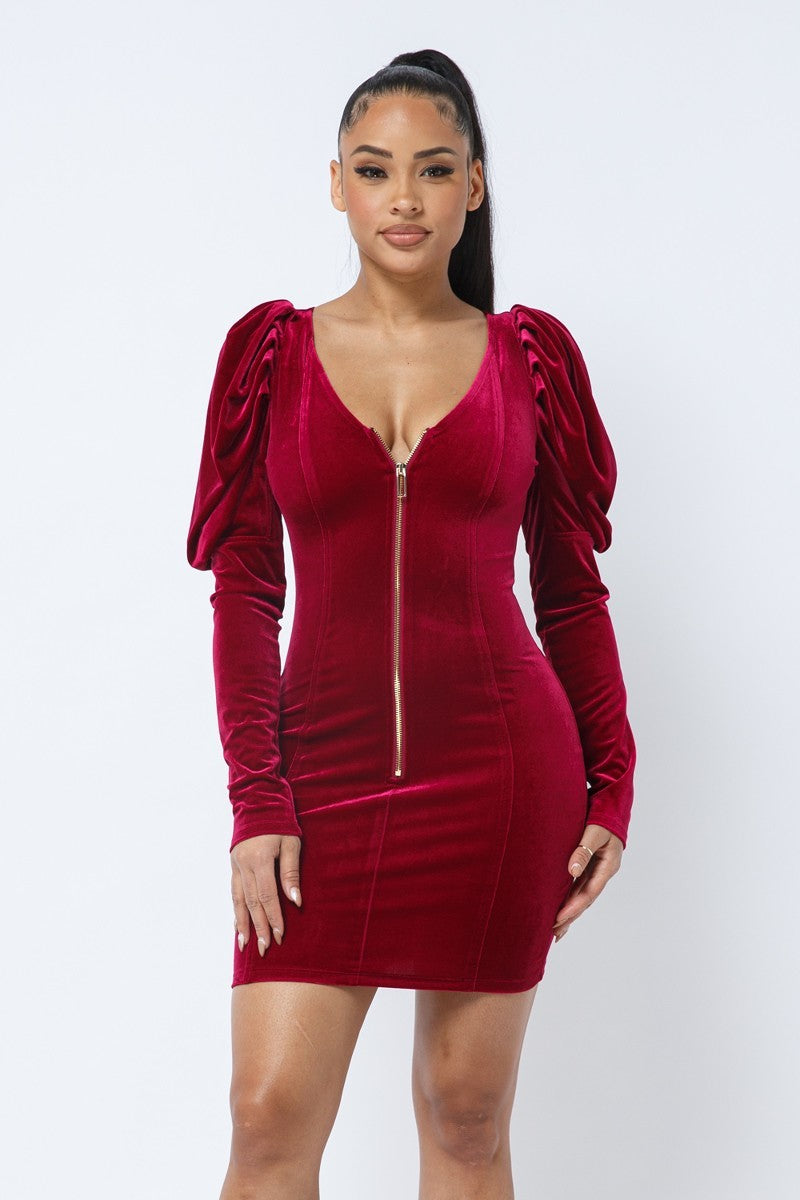 Soft Velvet Pleated Puff Sleeve Low V Neck Front And Back Mini Dress - Red