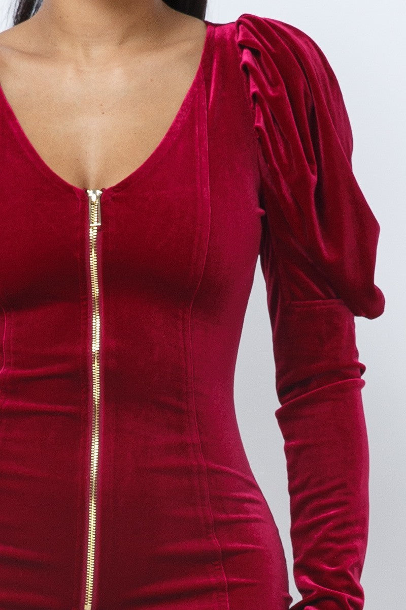 Soft Velvet Pleated Puff Sleeve Low V Neck Front And Back Mini Dress - Red