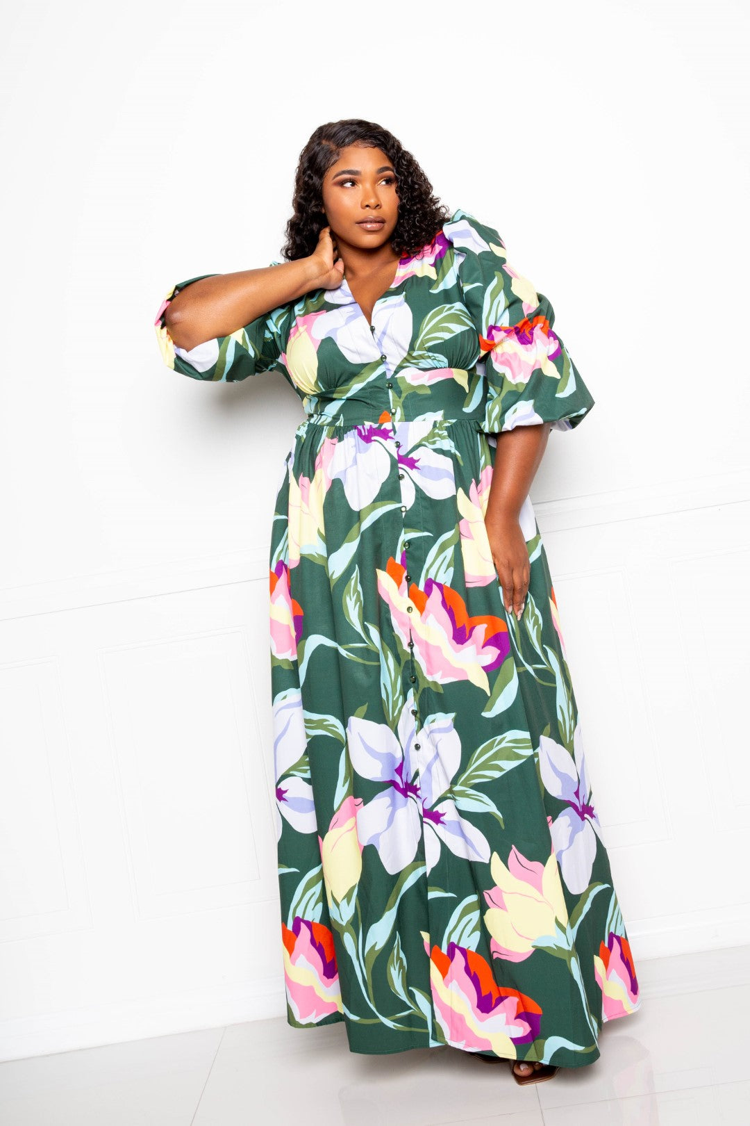 Olive Multi Puff Sleeve Button Front Dress