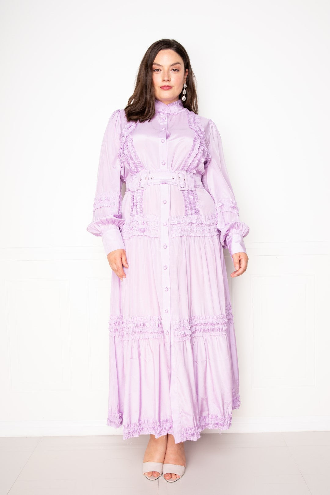 Violet Belted Shirt Dress With Ruffle Detail
