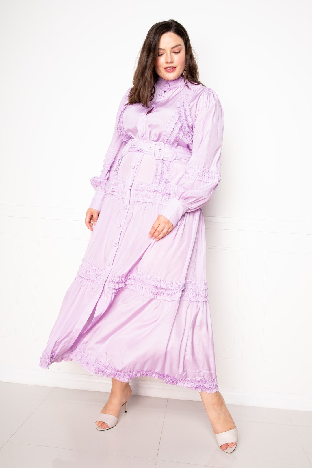 Violet Belted Shirt Dress With Ruffle Detail