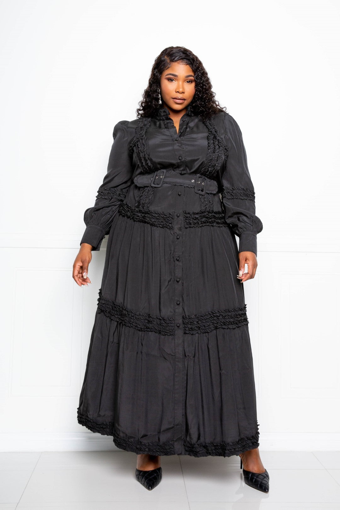 Black Belted Shirt Dress With Ruffle Detail