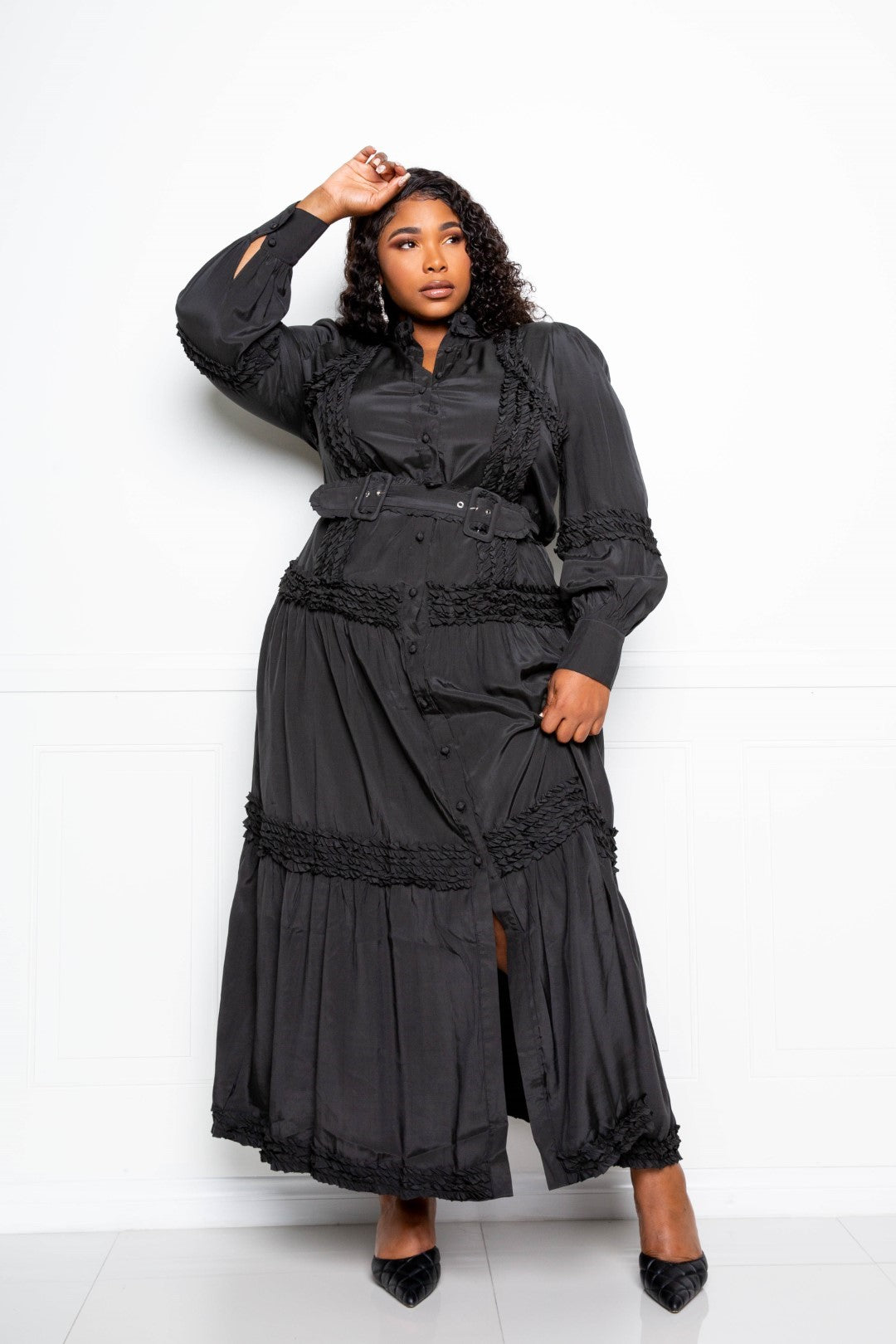 Black Belted Shirt Dress With Ruffle Detail