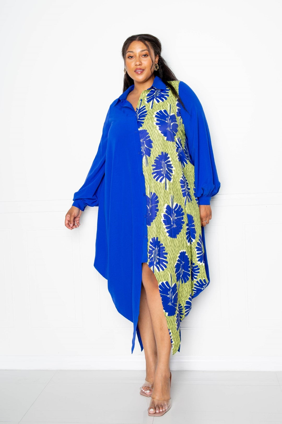 Royal Multi Print Drapy Shirt Maxi Dress