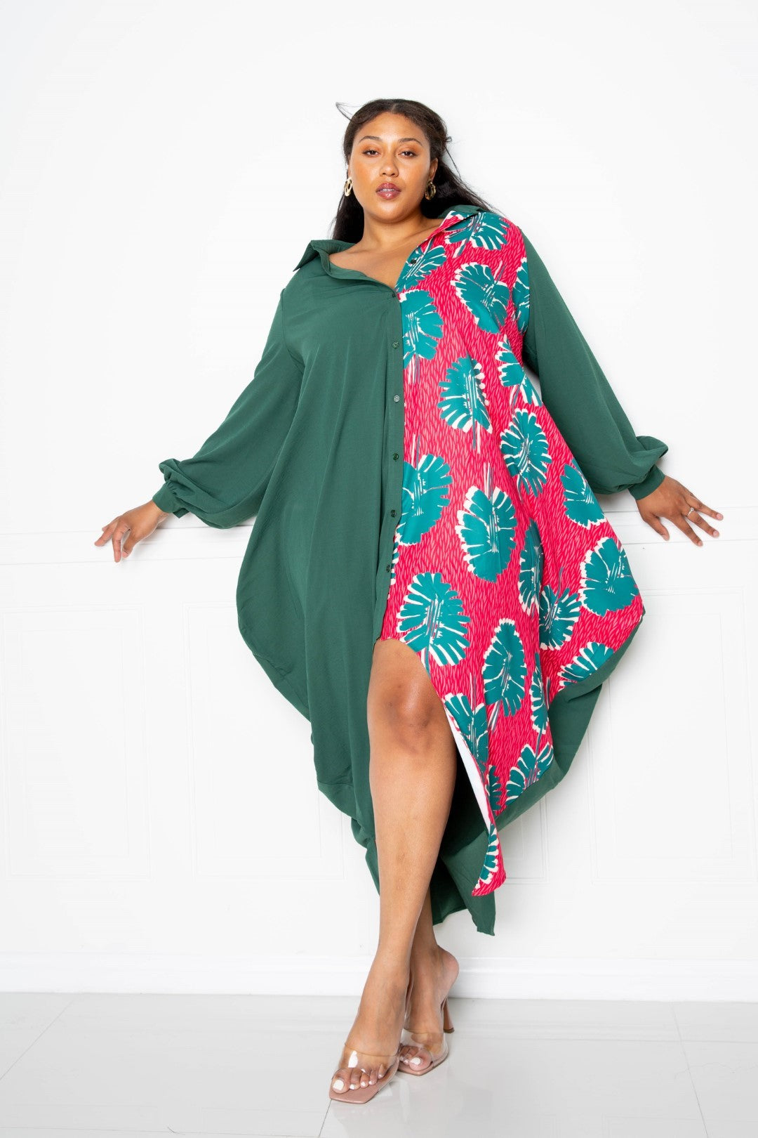 Teal Multi Print Drapy Shirt Maxi Dress
