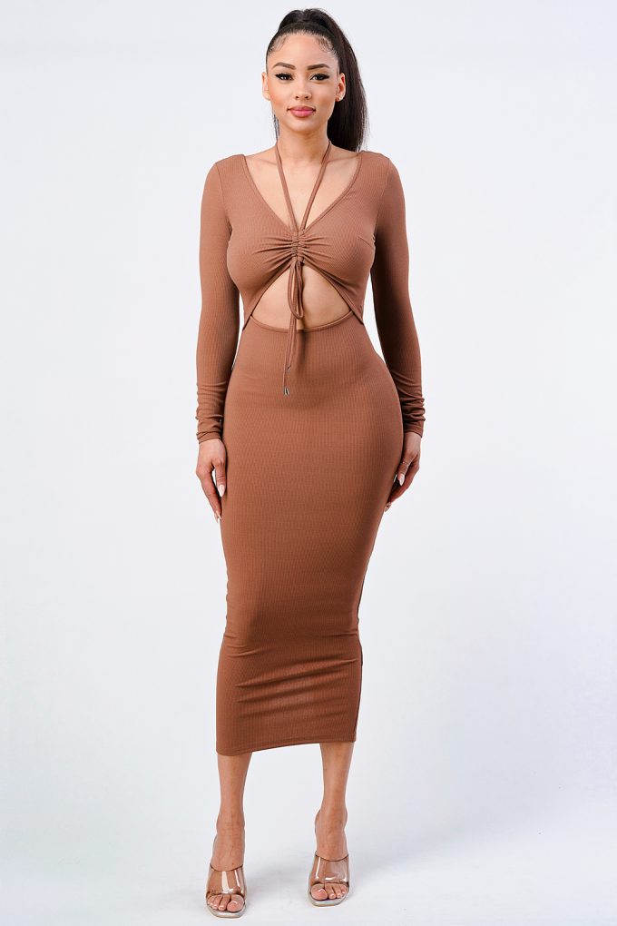 Trendy Front Shirring Cut-out Long Sleeved Dress - Mocha