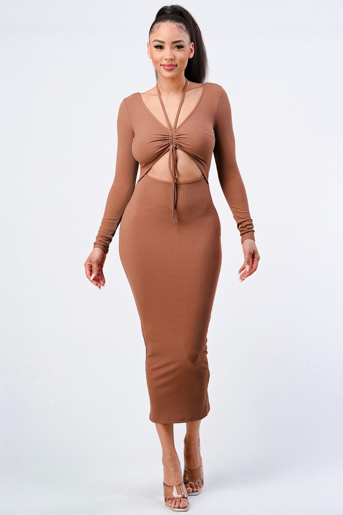 Trendy Front Shirring Cut-out Long Sleeved Dress - Mocha