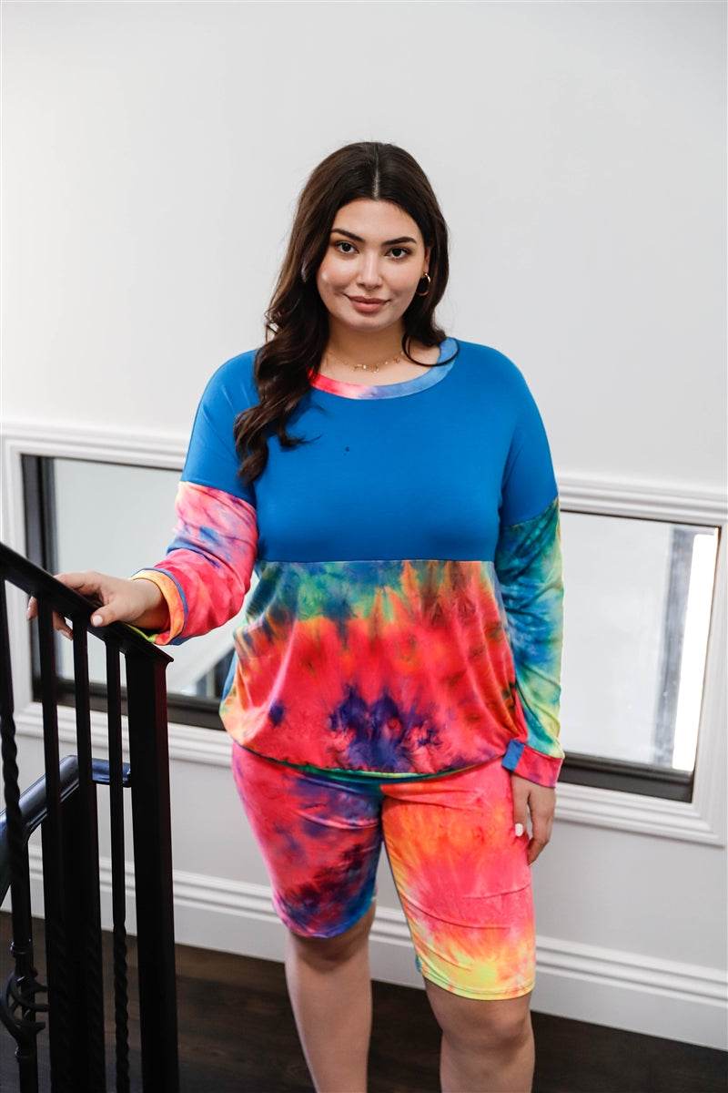 Plus Blue Neon Rainbow Tie-dye Colorblock Long Sleeve Top & Biker Shorts Set - DaTrendStore.Com