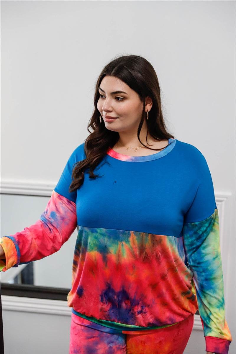 Plus Blue Neon Rainbow Tie-dye Colorblock Long Sleeve Top & Biker Shorts Set - DaTrendStore.Com