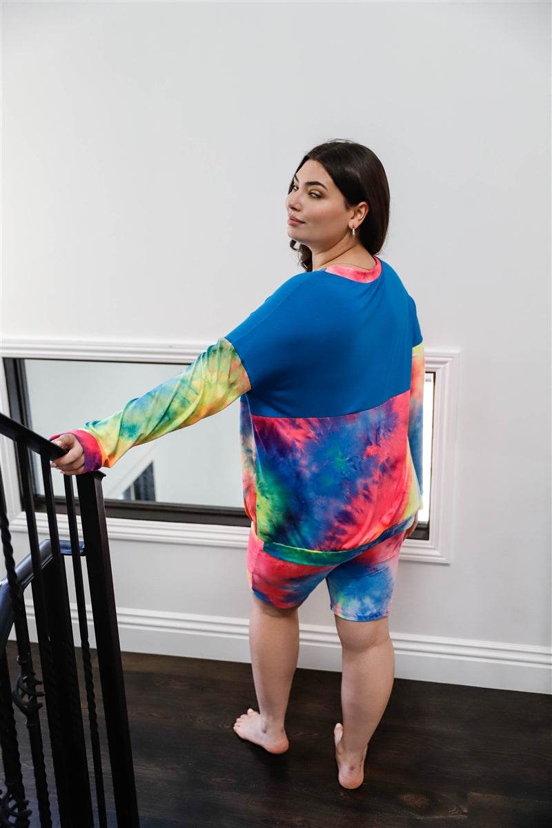 Plus Blue Neon Rainbow Tie-dye Colorblock Long Sleeve Top & Biker Shorts Set - DaTrendStore.Com