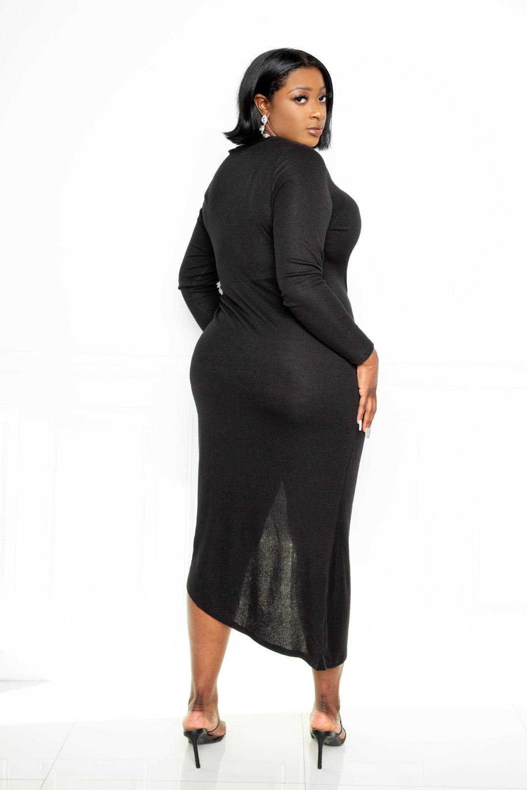Black Asymmetrical Sweater Dress With Waterfall Ruffle