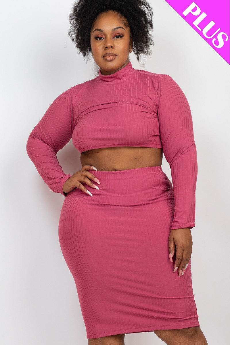 Plus Size Ribbed Mock Neck Crop Top & Midi Skirt Set - DaTrendStore.Com