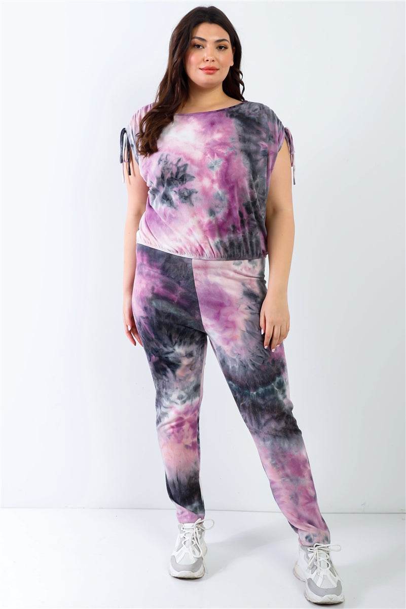 Plus Purple & Black Tie-dye Ruched Shoulder Detail Top & Pants Set - DaTrendStore.Com