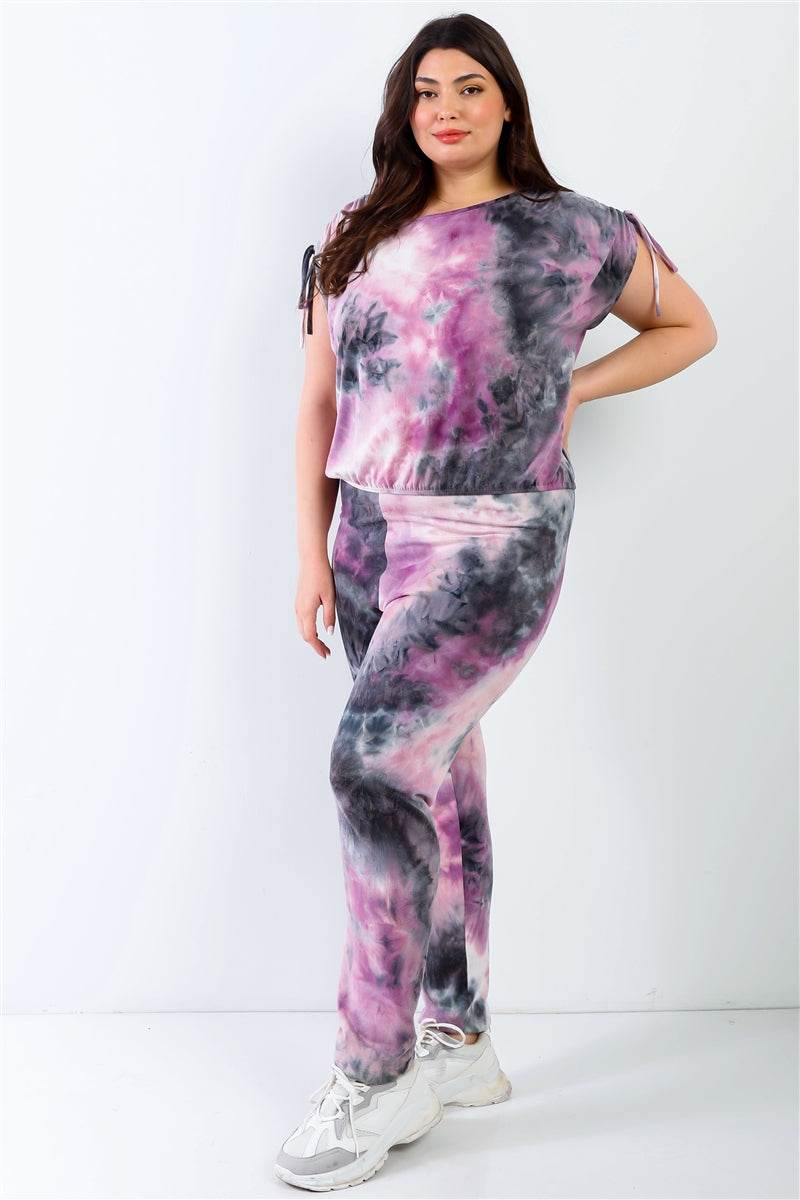 Plus Purple & Black Tie-dye Ruched Shoulder Detail Top & Pants Set - DaTrendStore.Com