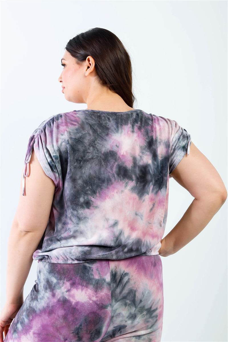 Plus Purple & Black Tie-dye Ruched Shoulder Detail Top & Pants Set - DaTrendStore.Com