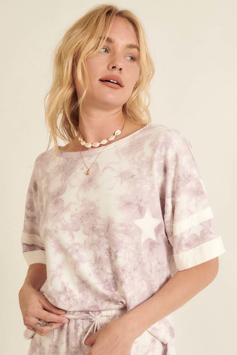 Lavender Star-Print Tie-Dye Knit Top