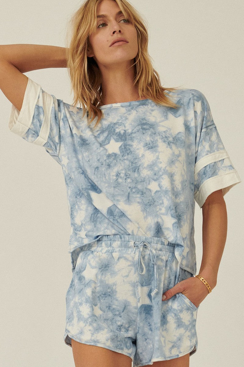 Blue Star-Print Tie-Dye Knit Top