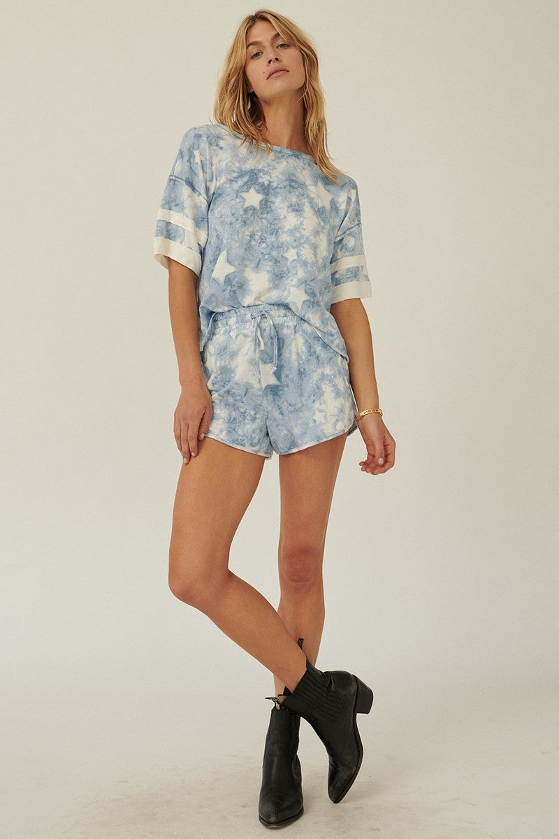 Blue Star-Print Tie-Dye Knit Top