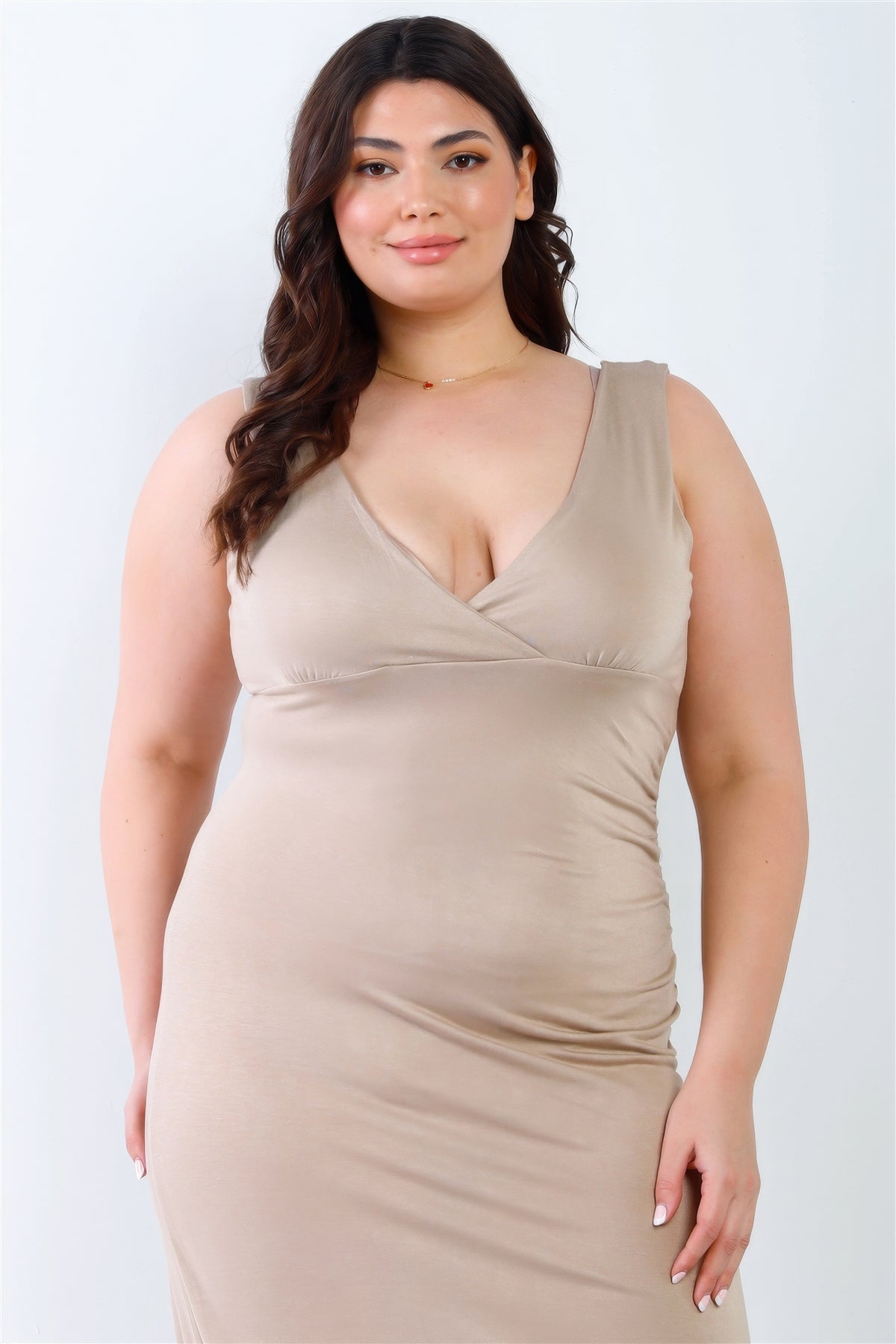 Beige Plus V-neck Sleeveless Maxi Dress