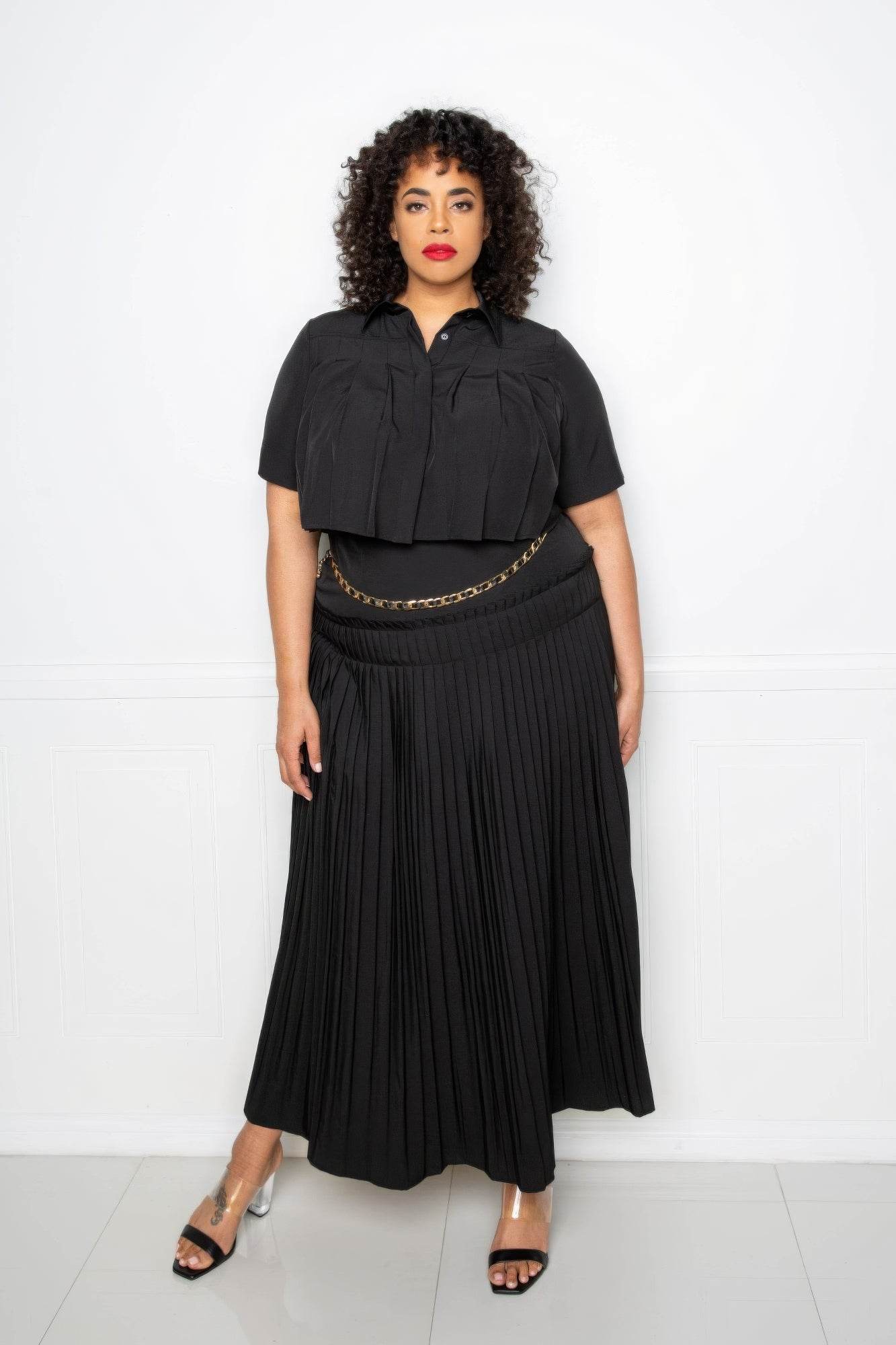 Pleated Cropped Shirt And Maxi Skirt Set - DaTrendStore.Com