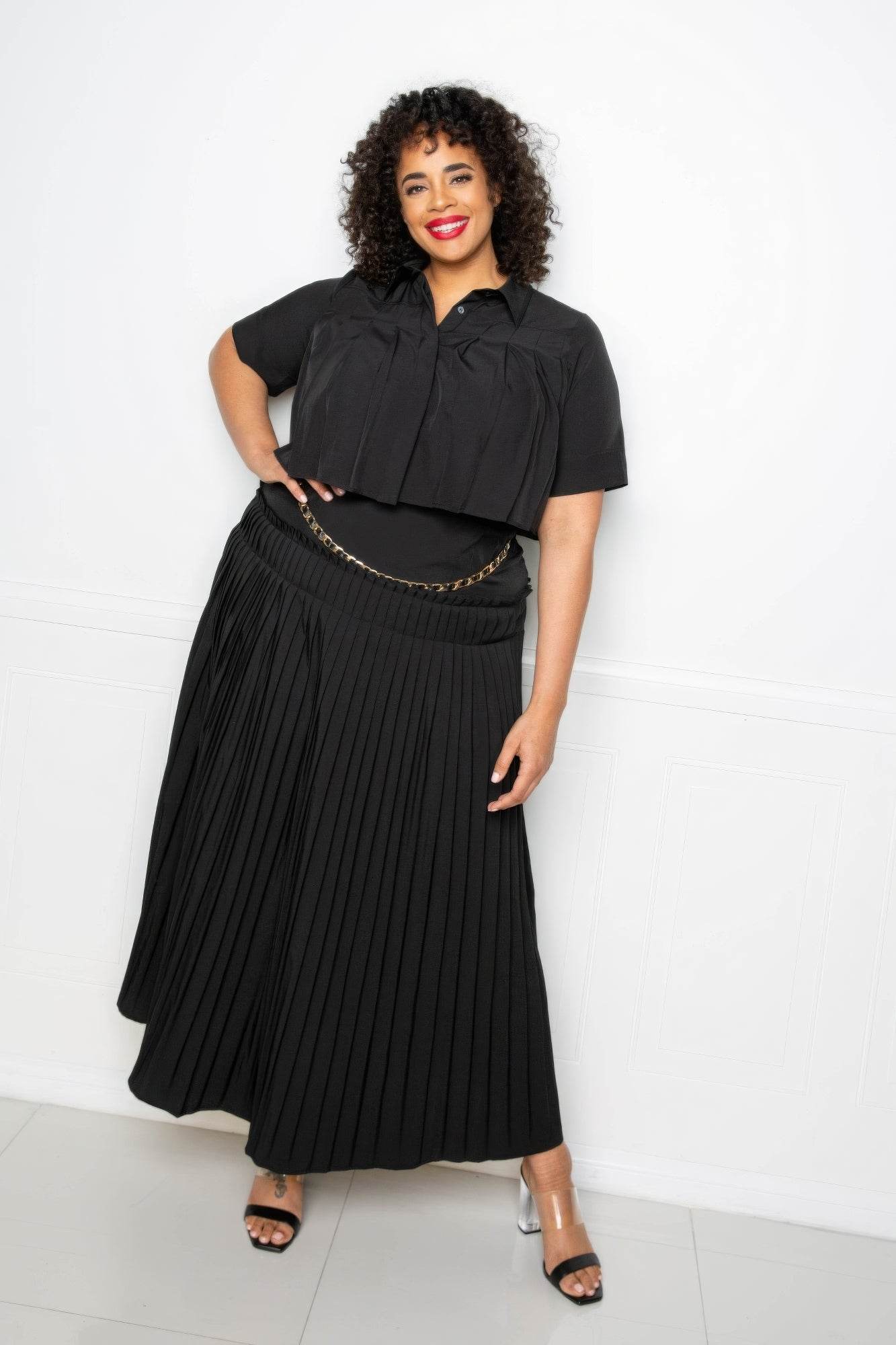 Pleated Cropped Shirt And Maxi Skirt Set - DaTrendStore.Com