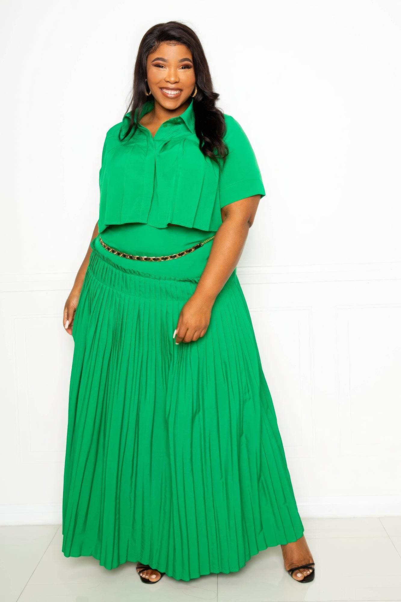 Pleated Cropped Shirt And Maxi Skirt Set - DaTrendStore.Com