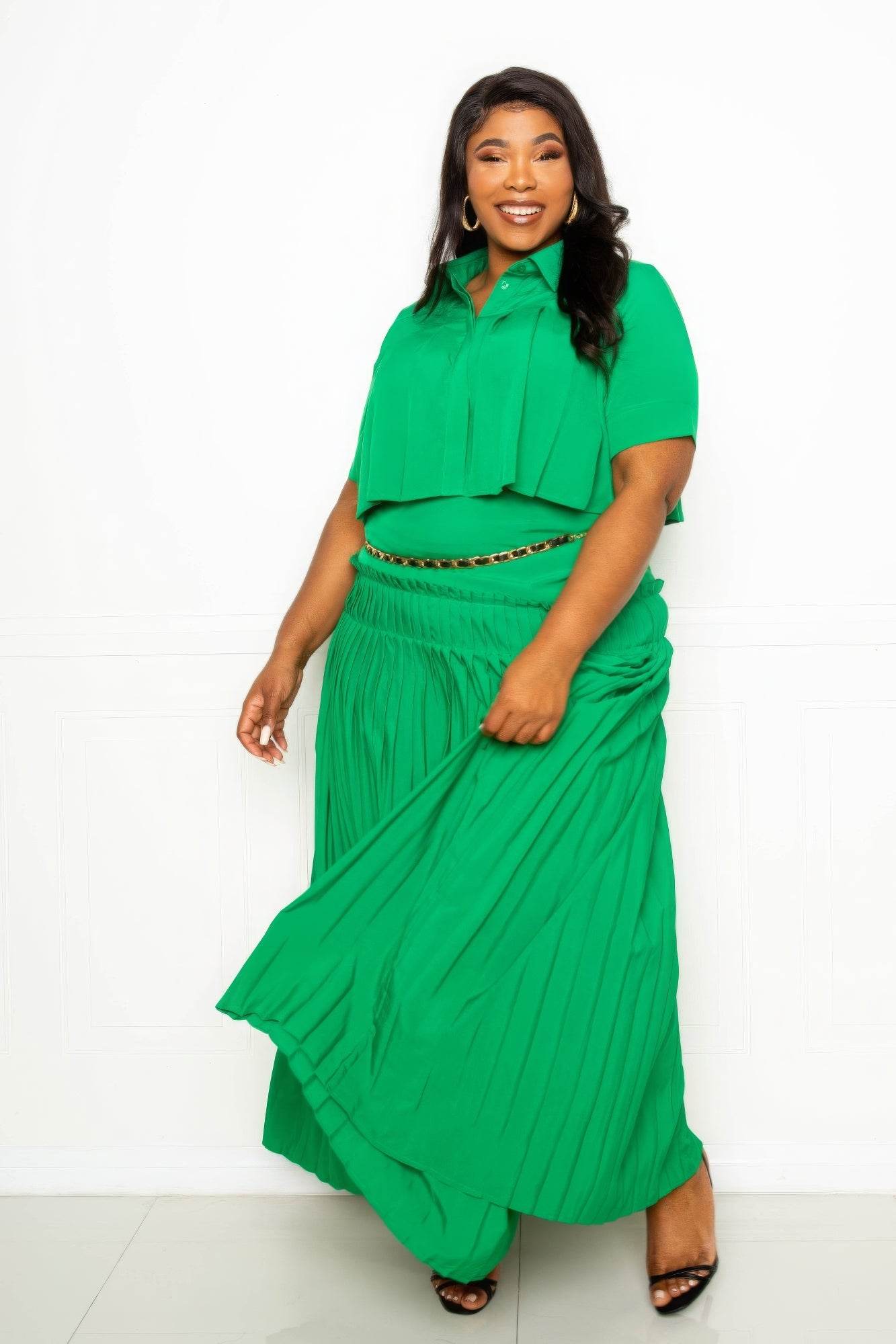 Pleated Cropped Shirt And Maxi Skirt Set - DaTrendStore.Com