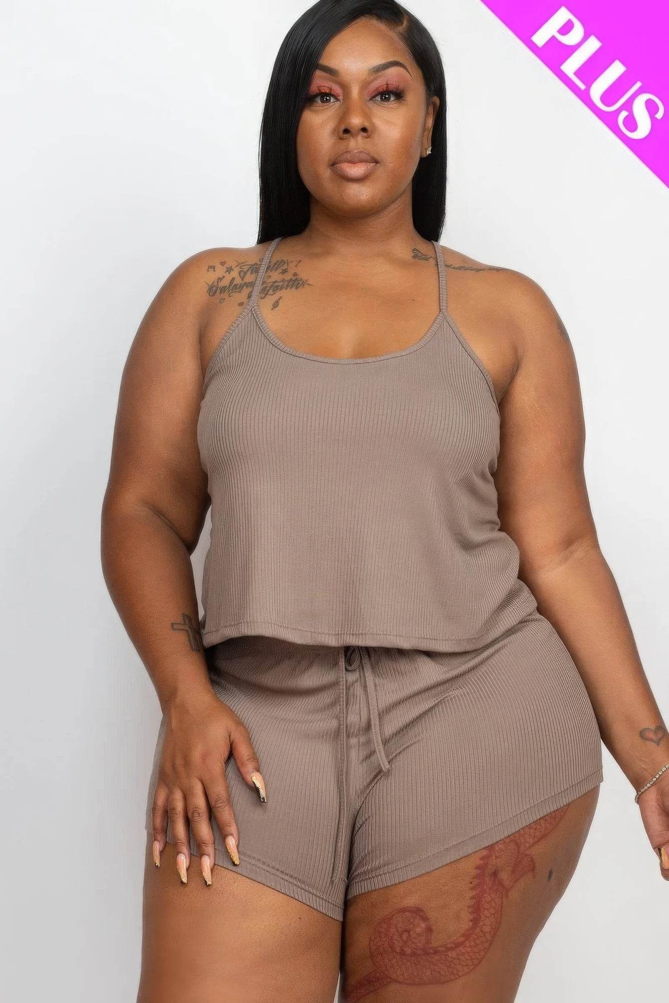 Plus Ribbed Strappy Top And Shorts Set - DaTrendStore.Com