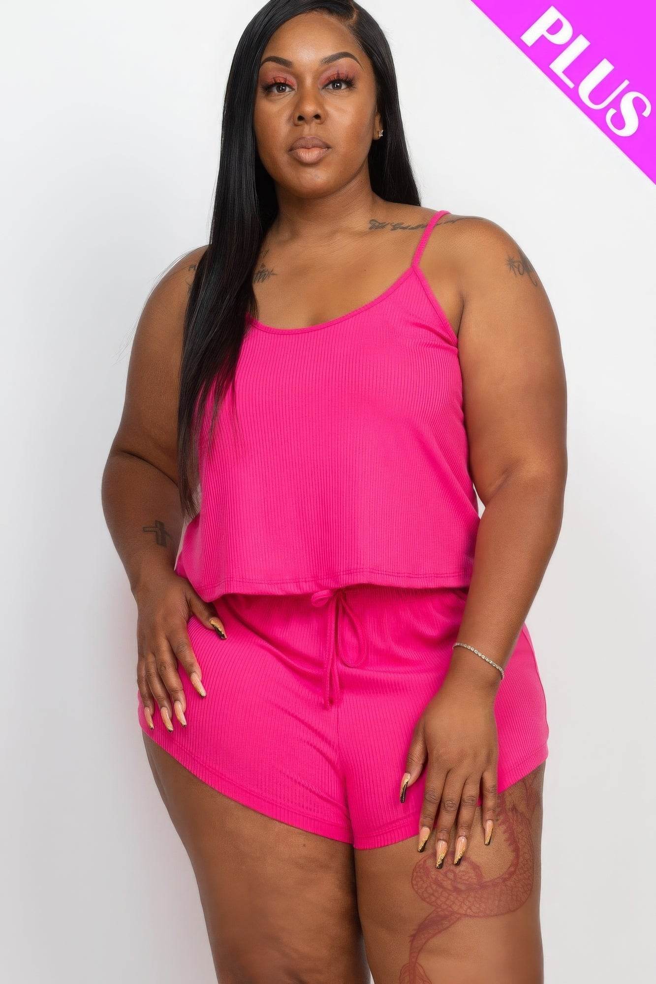 Plus Ribbed Strappy Top And Shorts Set - DaTrendStore.Com