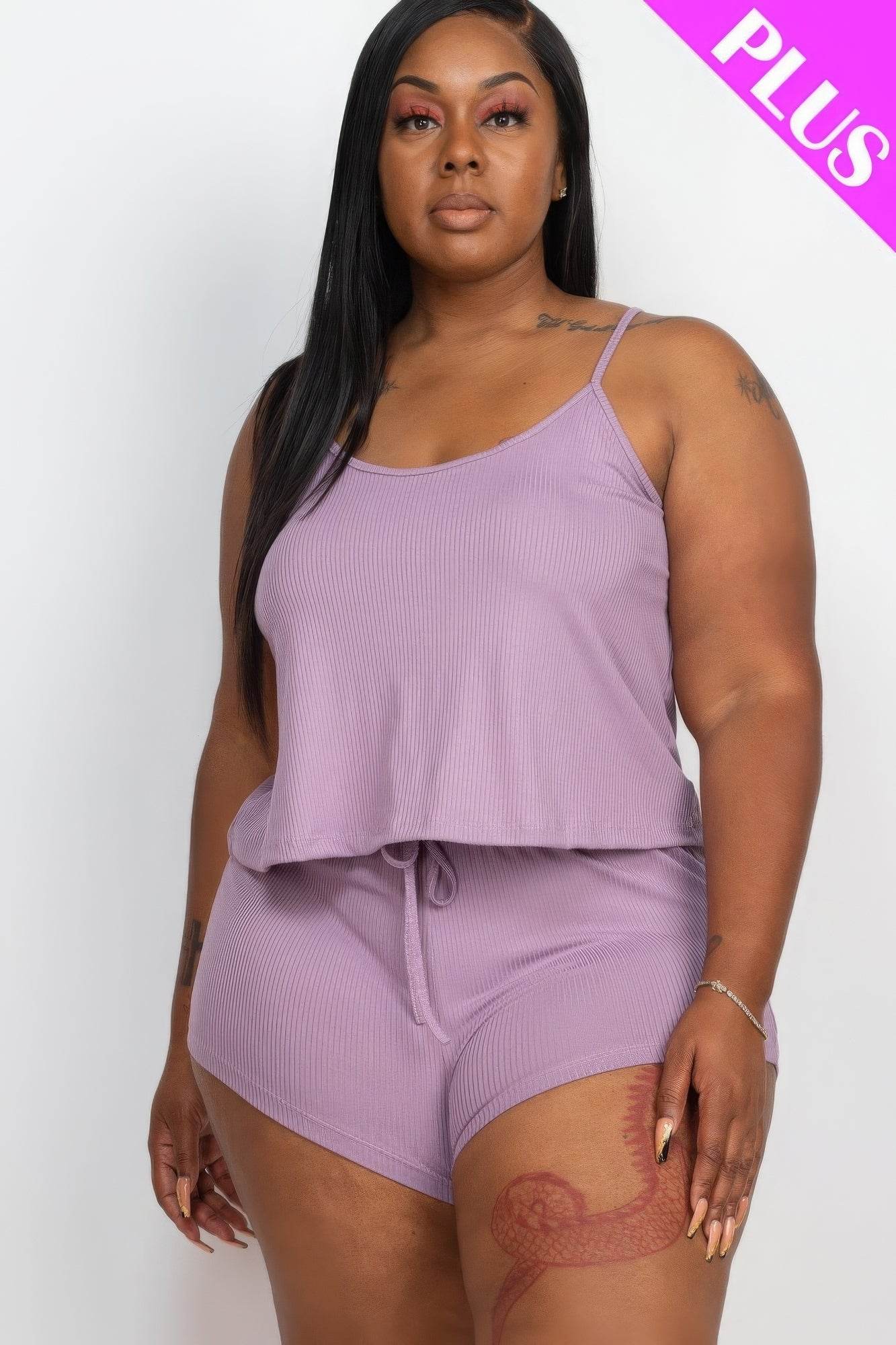 Plus Ribbed Strappy Top And Shorts Set - DaTrendStore.Com
