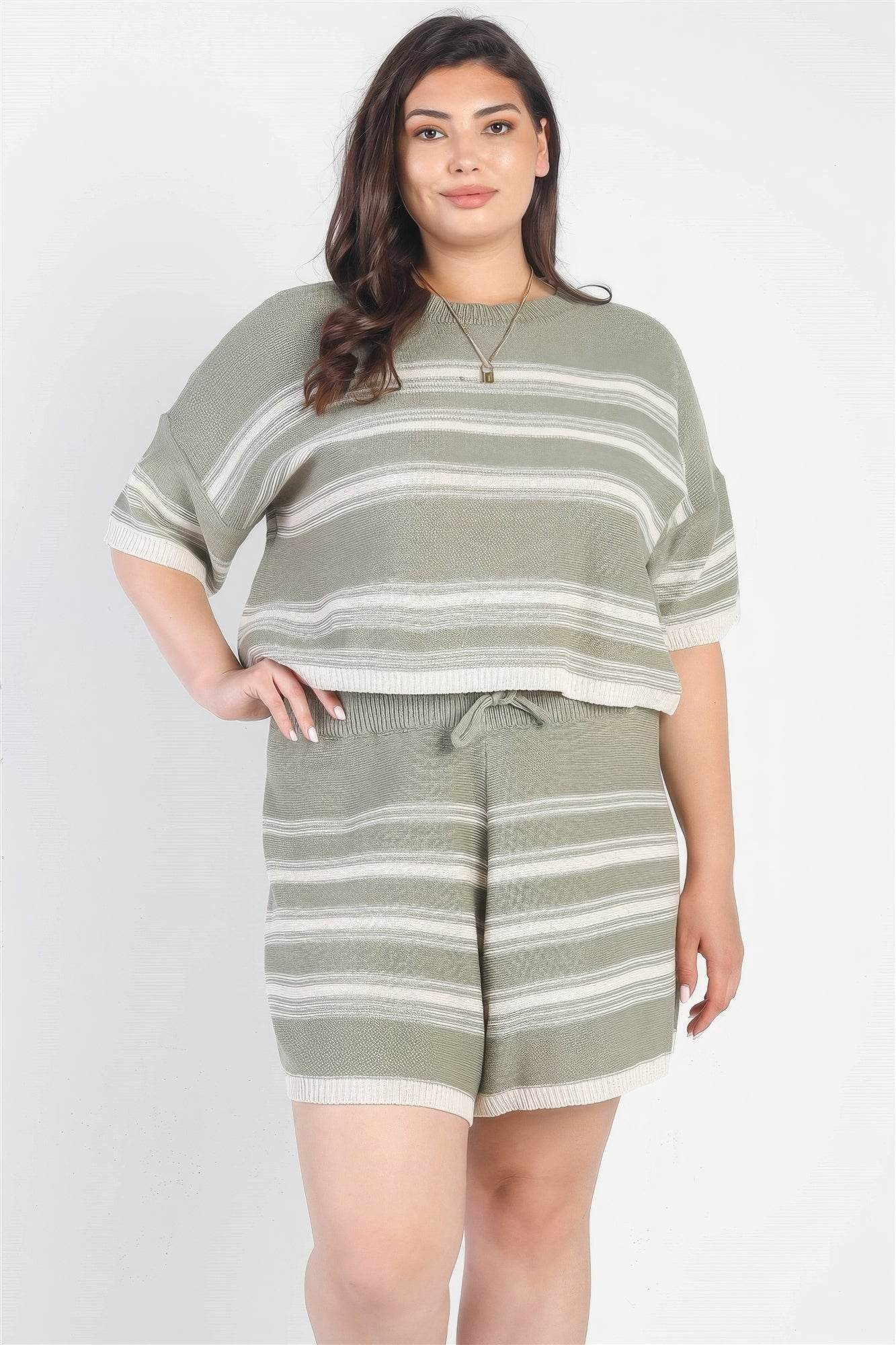 Plus Olive Striped Knit Short Sleeve Crop Top High Waist Shorts Set - DaTrendStore.Com