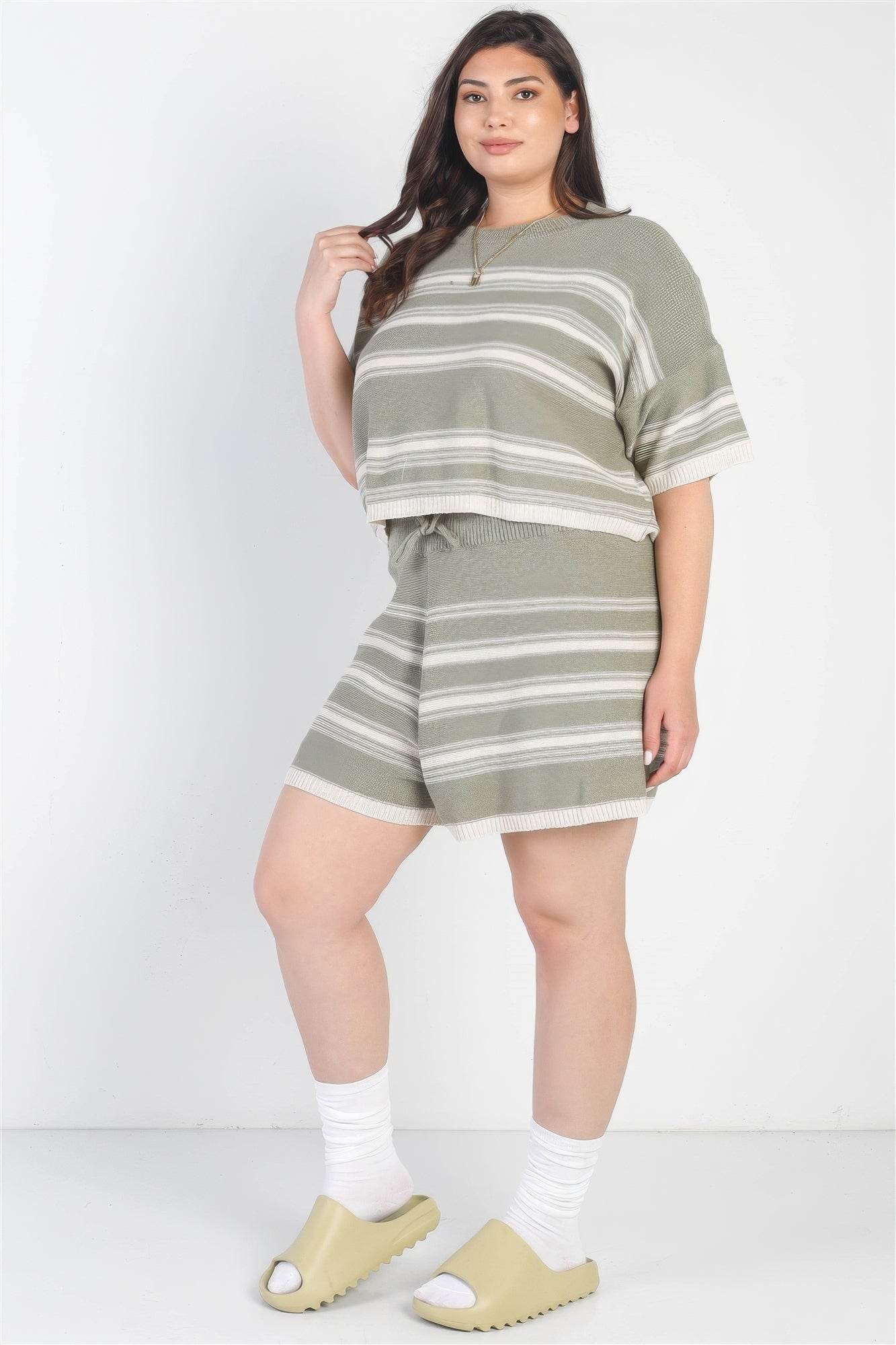 Plus Olive Striped Knit Short Sleeve Crop Top High Waist Shorts Set - DaTrendStore.Com