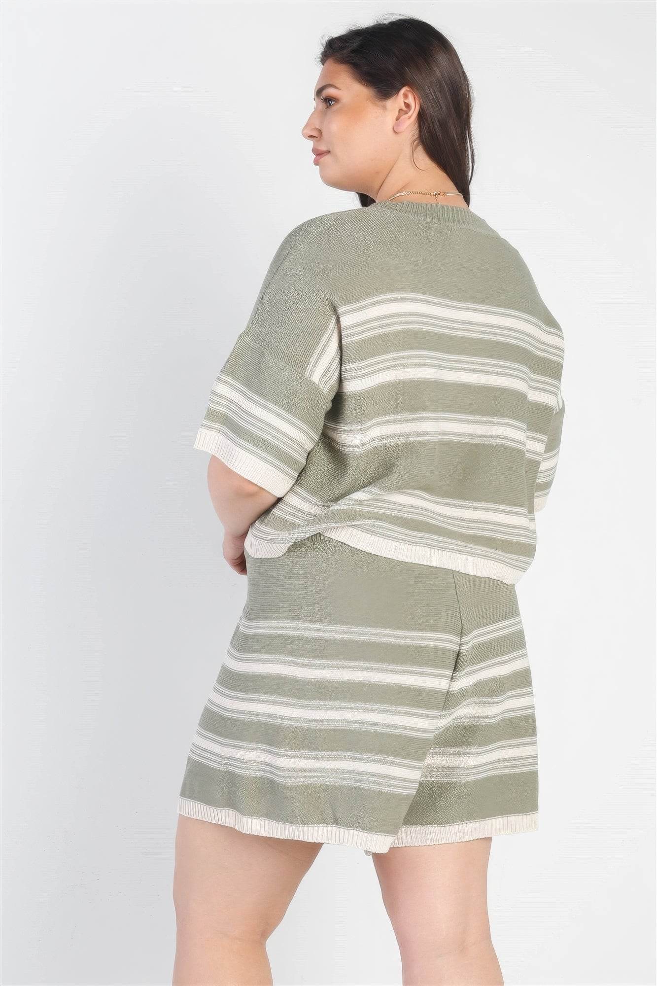Plus Olive Striped Knit Short Sleeve Crop Top High Waist Shorts Set - DaTrendStore.Com