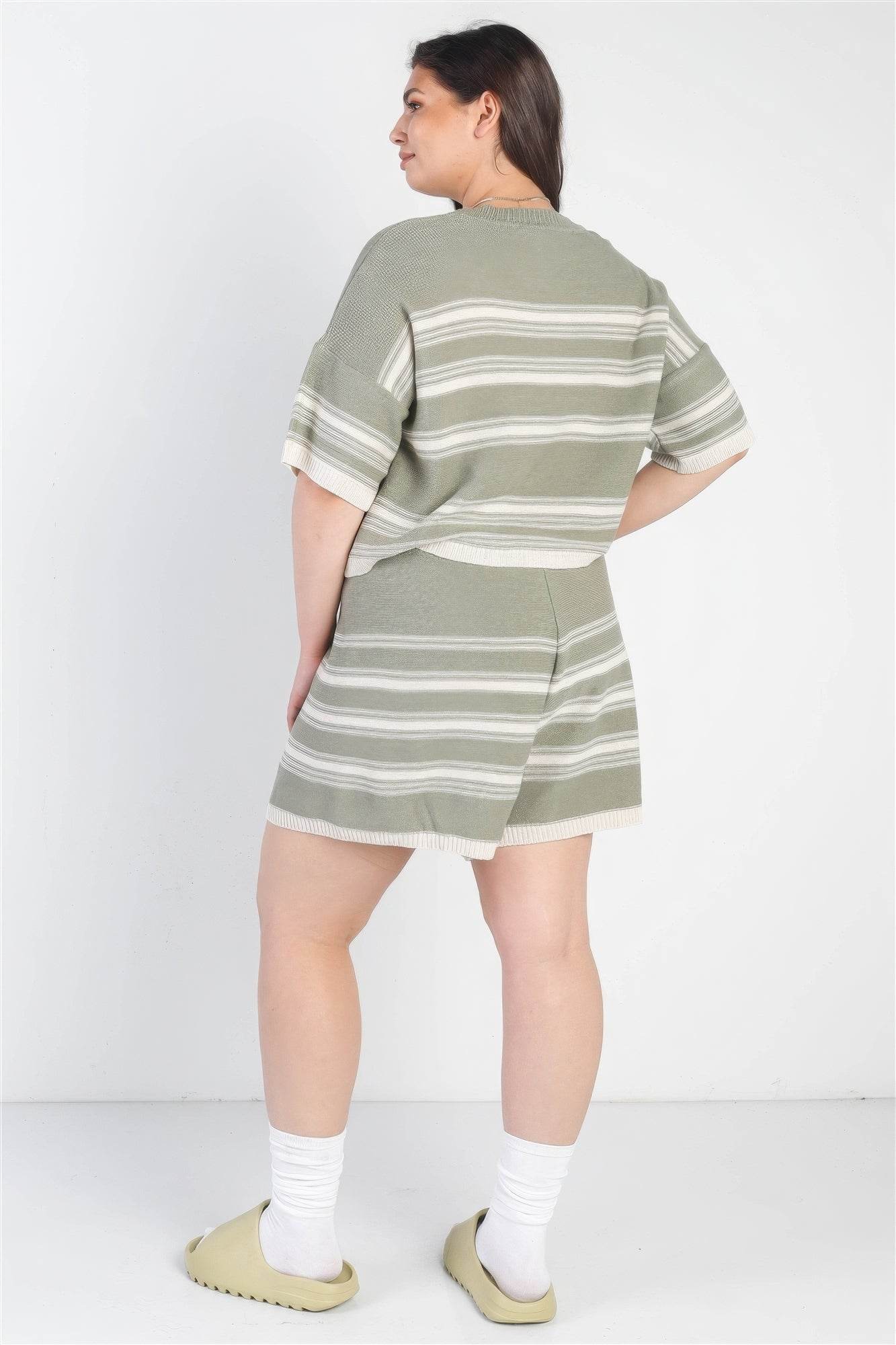 Plus Olive Striped Knit Short Sleeve Crop Top High Waist Shorts Set - DaTrendStore.Com