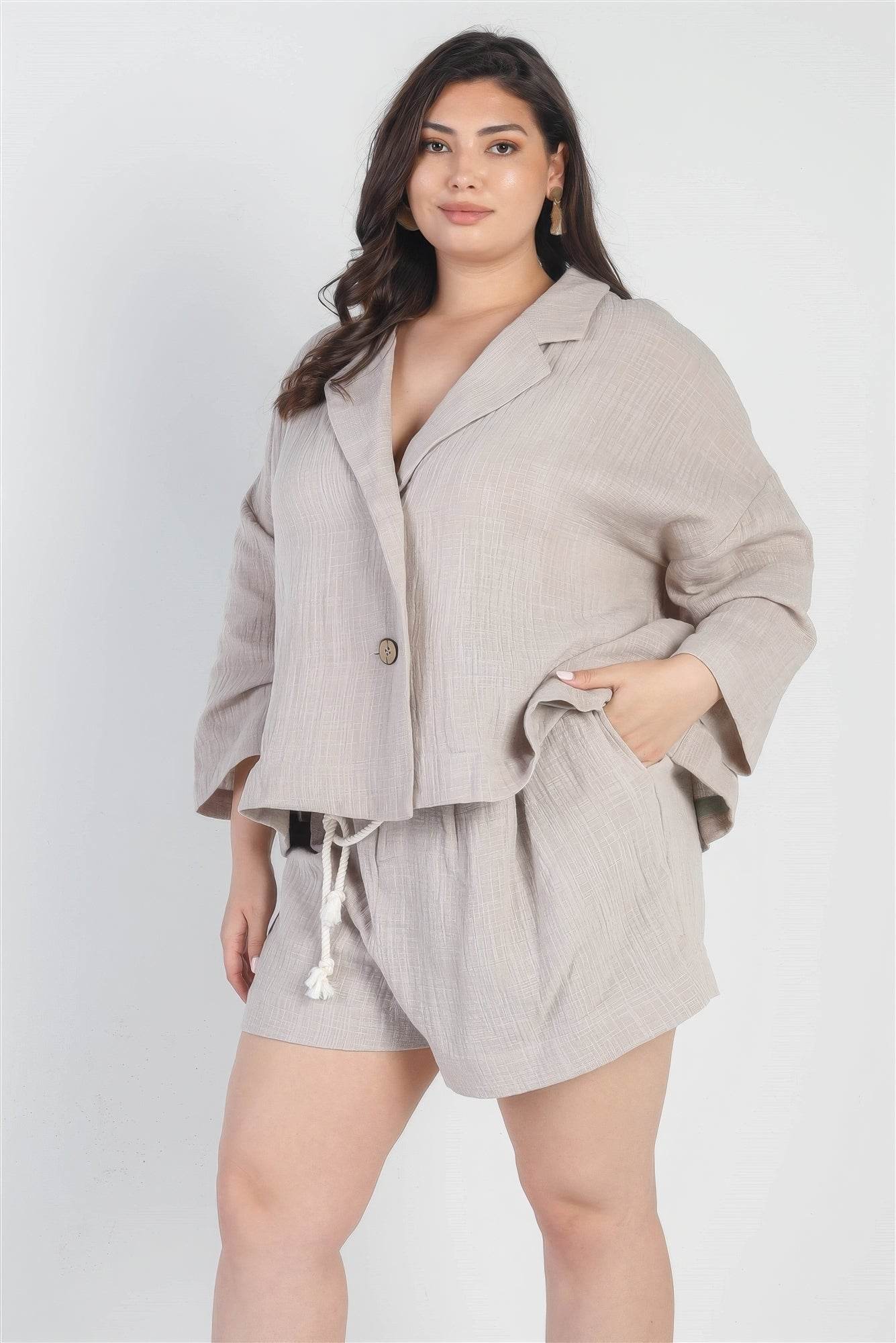 Plus Grey Button-up Collared Neck Blazer High Waist Shorts Set - DaTrendStore.Com