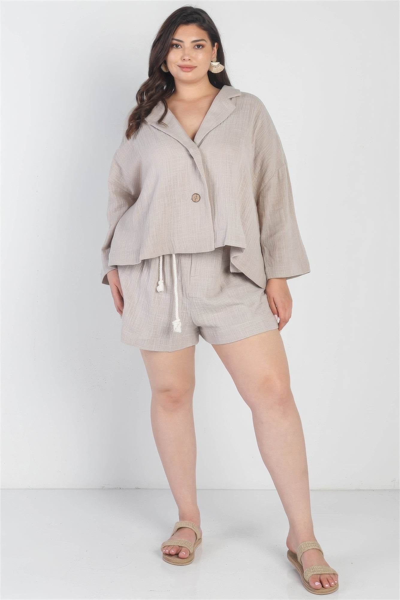 Plus Grey Button-up Collared Neck Blazer High Waist Shorts Set - DaTrendStore.Com