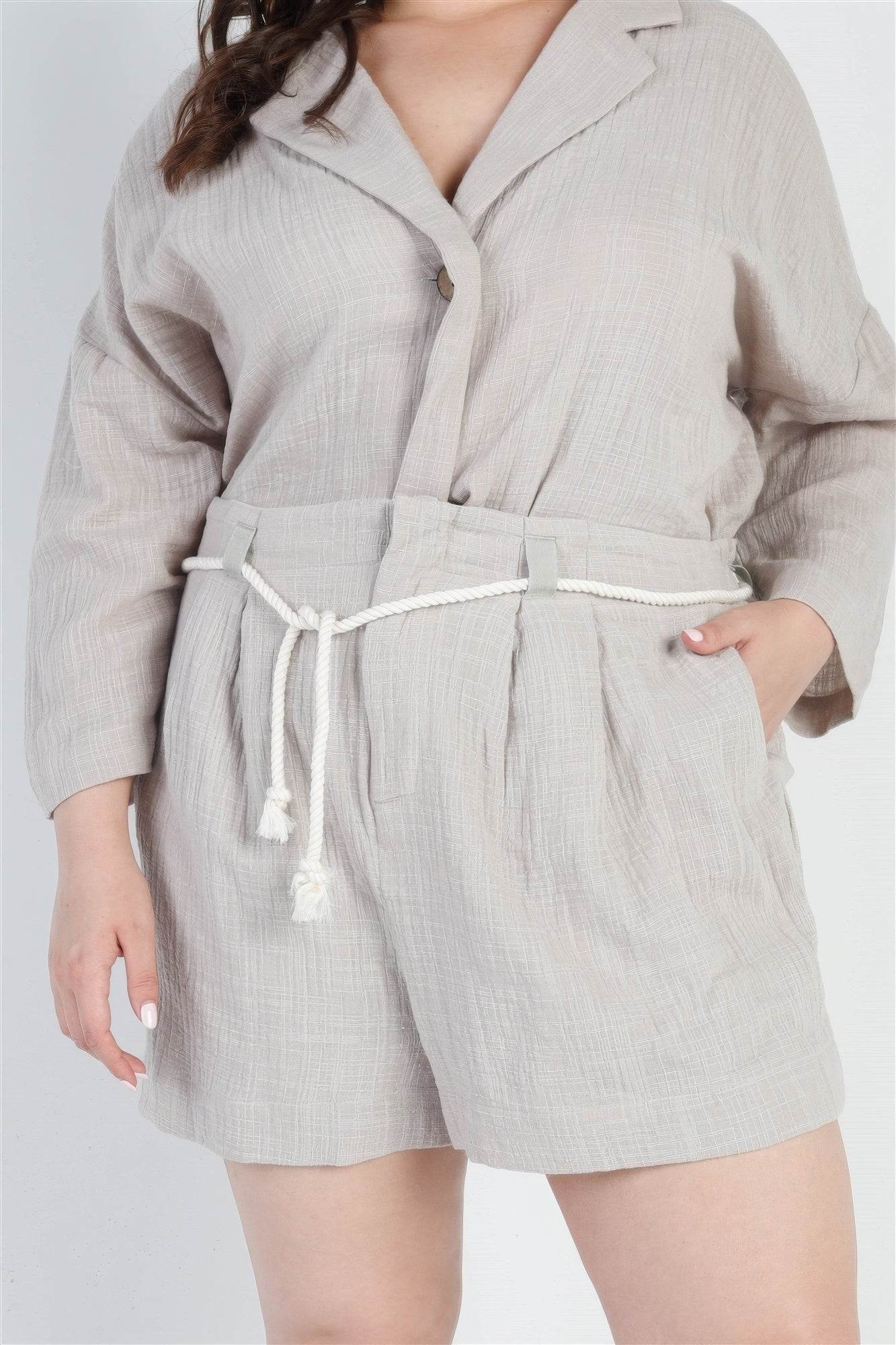 Plus Grey Button-up Collared Neck Blazer High Waist Shorts Set - DaTrendStore.Com