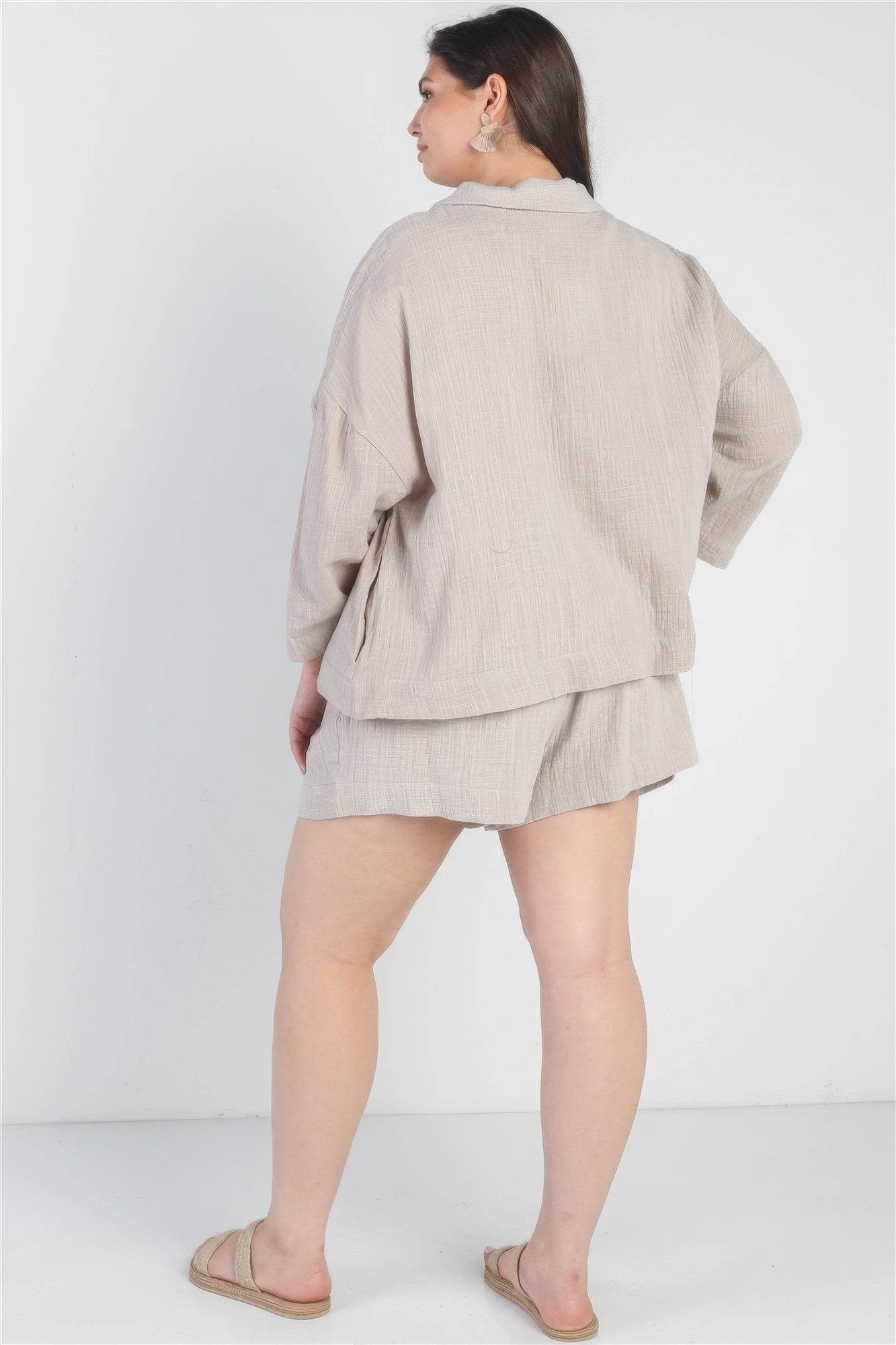 Plus Grey Button-up Collared Neck Blazer High Waist Shorts Set - DaTrendStore.Com