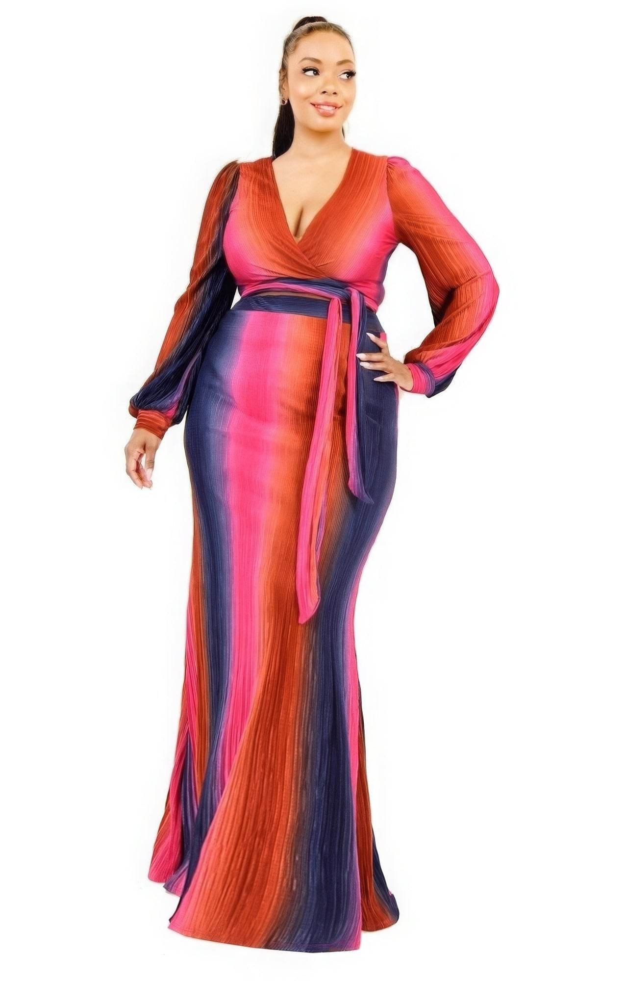 Plus Gradient Stripe 2 Piece Maxi Skirt Set - DaTrendStore.Com