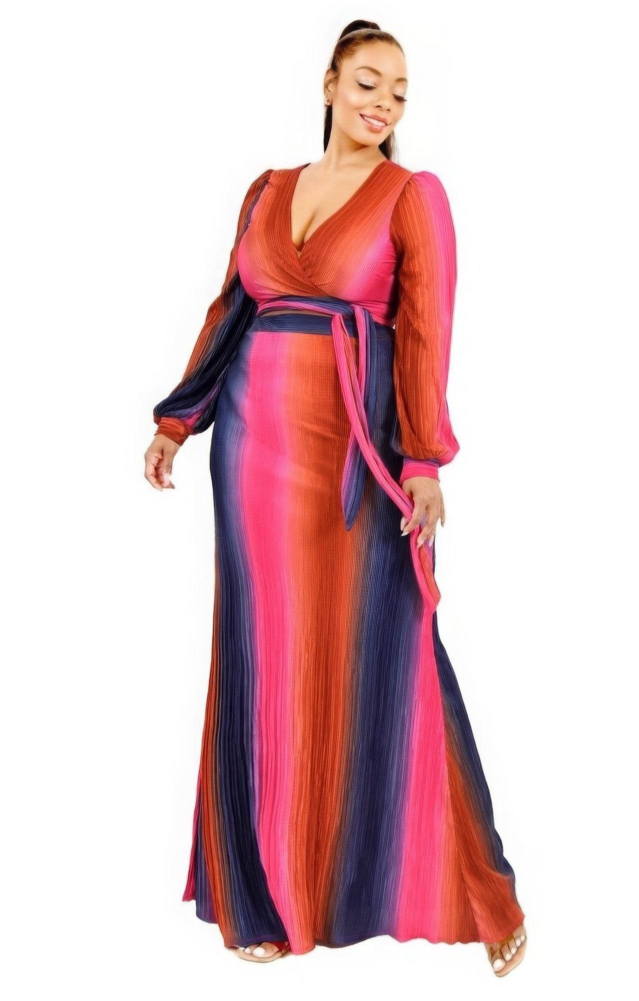 Plus Gradient Stripe 2 Piece Maxi Skirt Set - DaTrendStore.Com