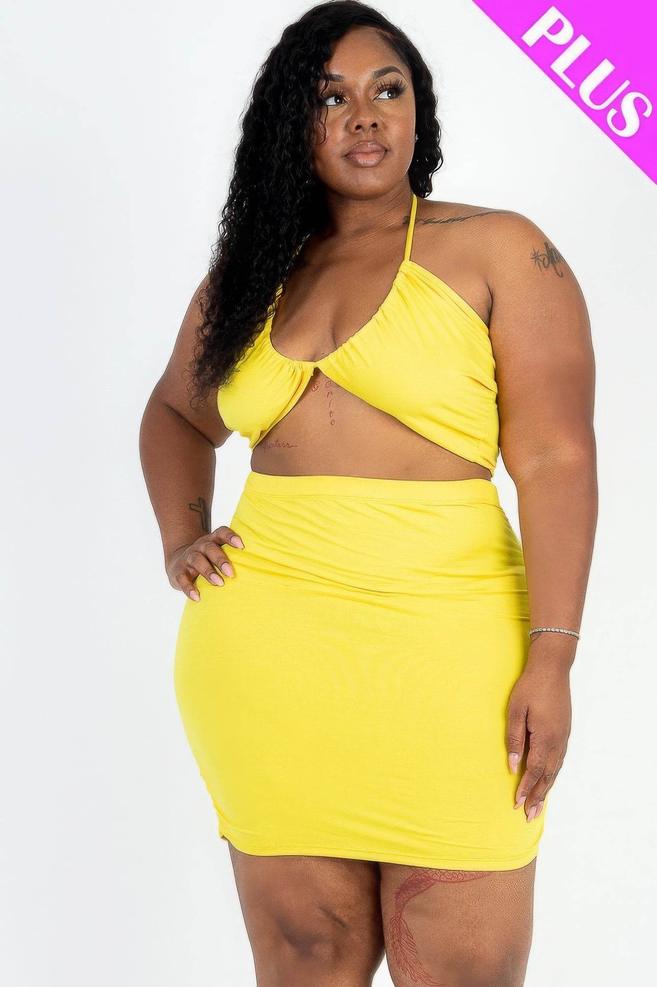 Plus Size Sexy Solid Crisscross Halter Top & Ruched Mini Skirt Set - DaTrendStore.Com
