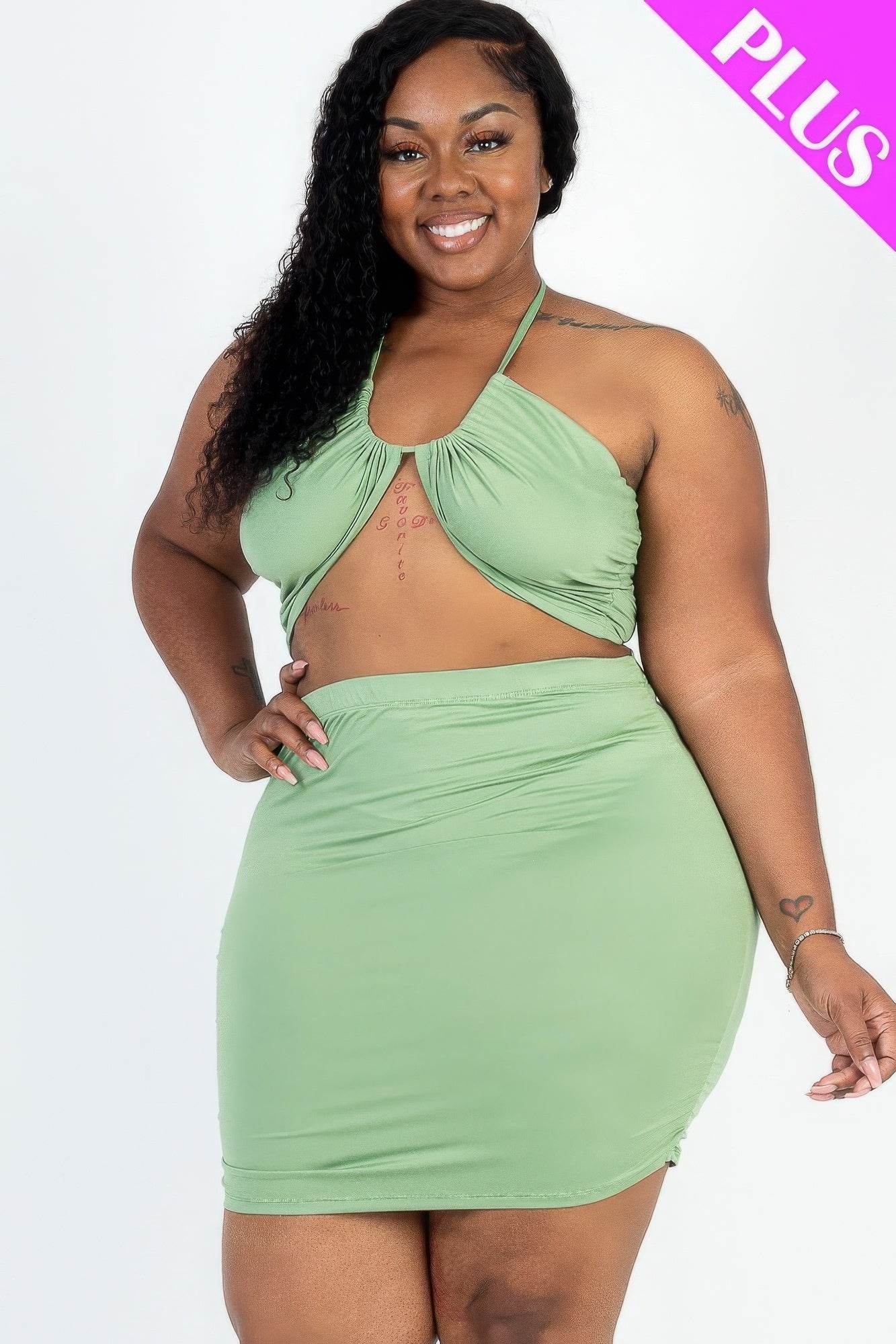 Plus Size Sexy Solid Crisscross Halter Top & Ruched Mini Skirt Set - DaTrendStore.Com