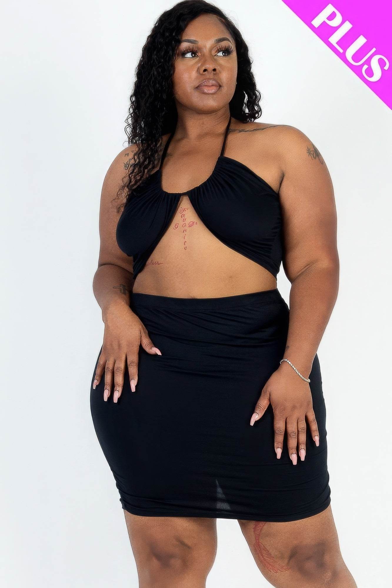 Plus Size Sexy Solid Crisscross Halter Top & Ruched Mini Skirt Set - DaTrendStore.Com