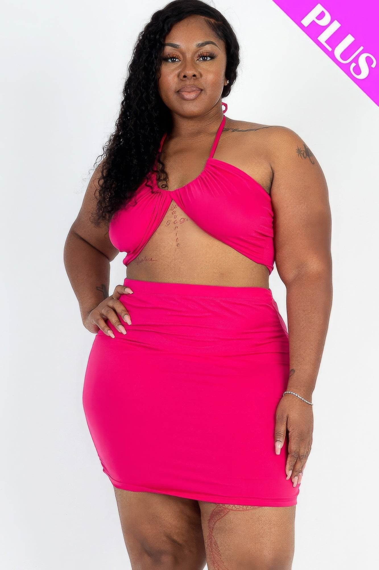 Plus Size Sexy Solid Crisscross Halter Top & Ruched Mini Skirt Set - DaTrendStore.Com
