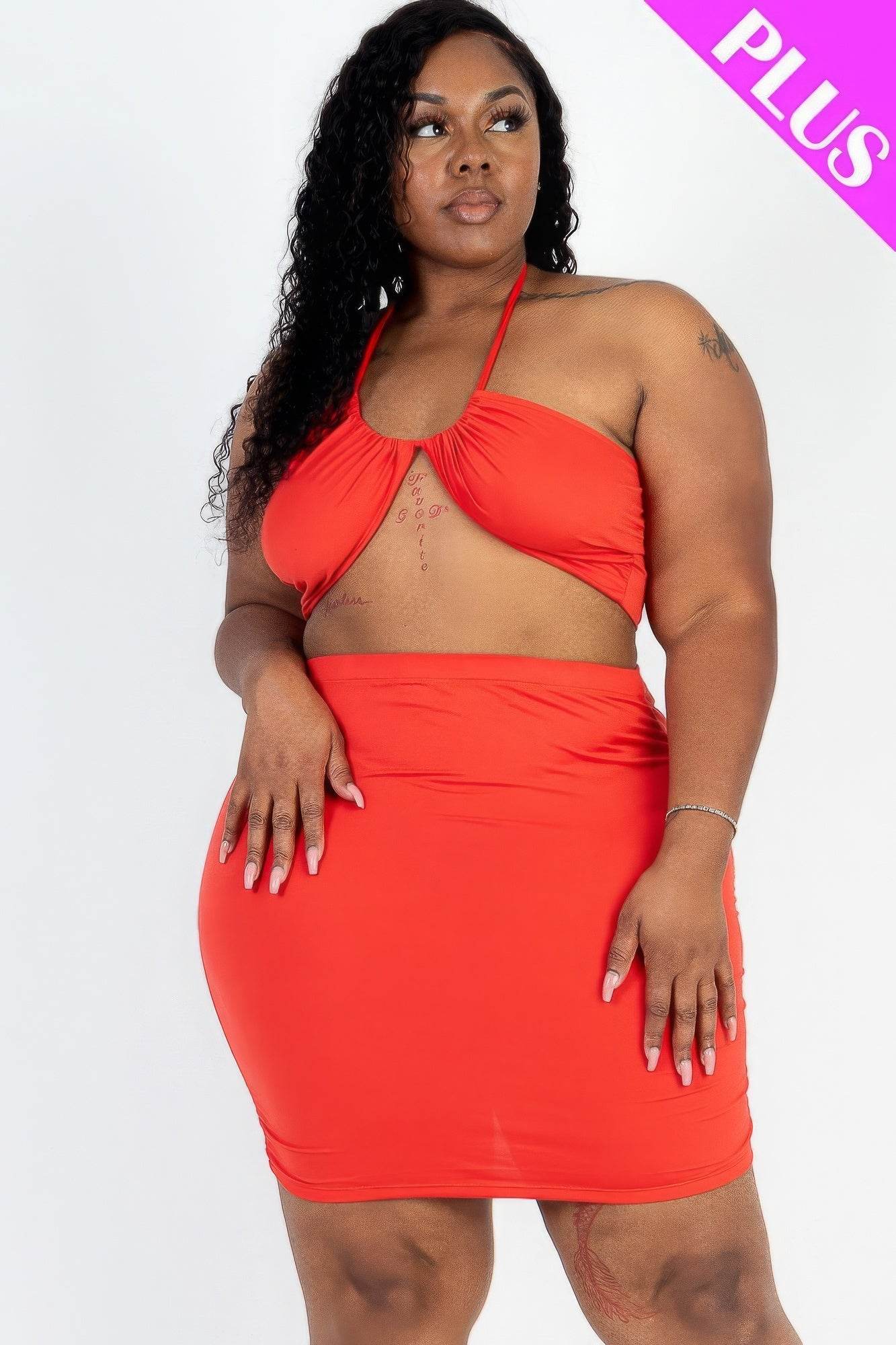 Plus Size Sexy Solid Crisscross Halter Top & Ruched Mini Skirt Set - DaTrendStore.Com