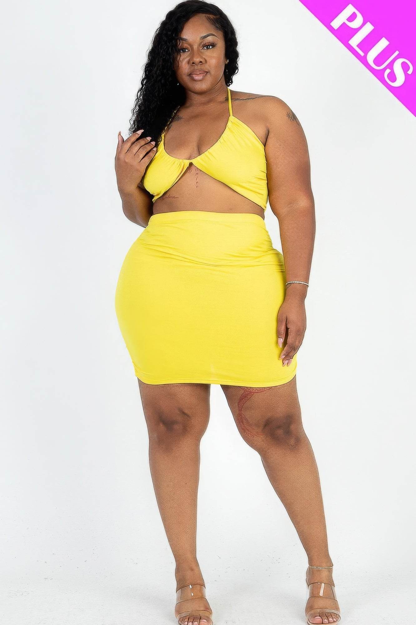 Plus Size Sexy Solid Crisscross Halter Top & Ruched Mini Skirt Set - DaTrendStore.Com
