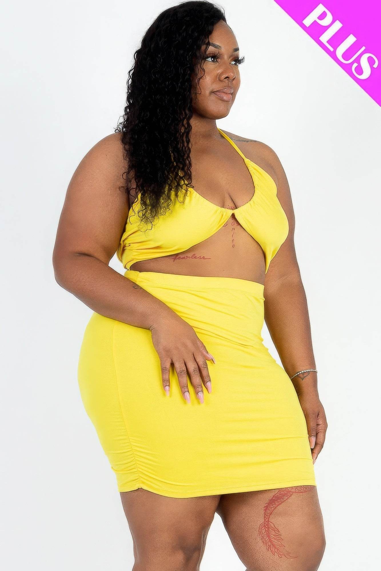 Plus Size Sexy Solid Crisscross Halter Top & Ruched Mini Skirt Set - DaTrendStore.Com