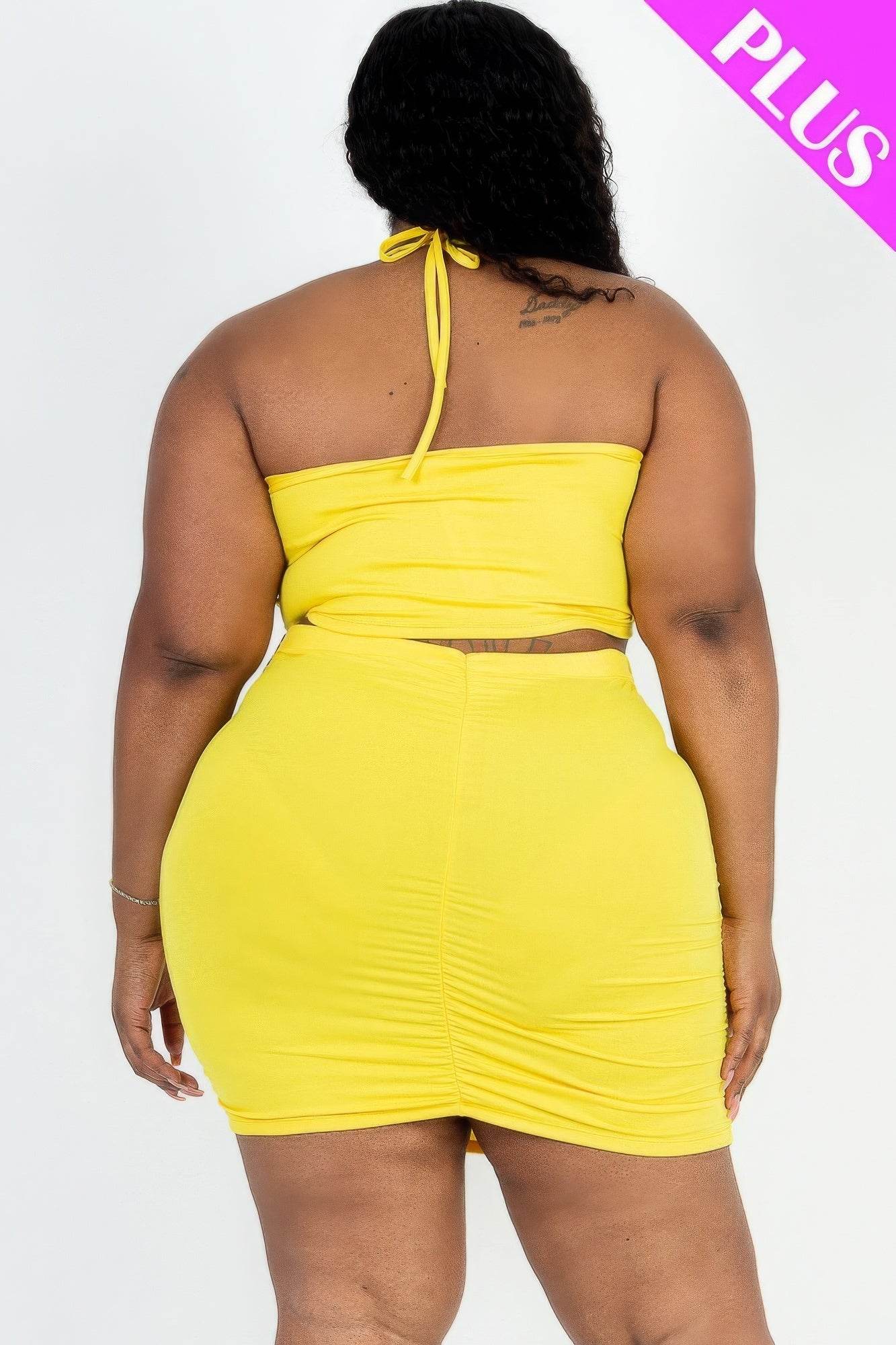 Plus Size Sexy Solid Crisscross Halter Top & Ruched Mini Skirt Set - DaTrendStore.Com