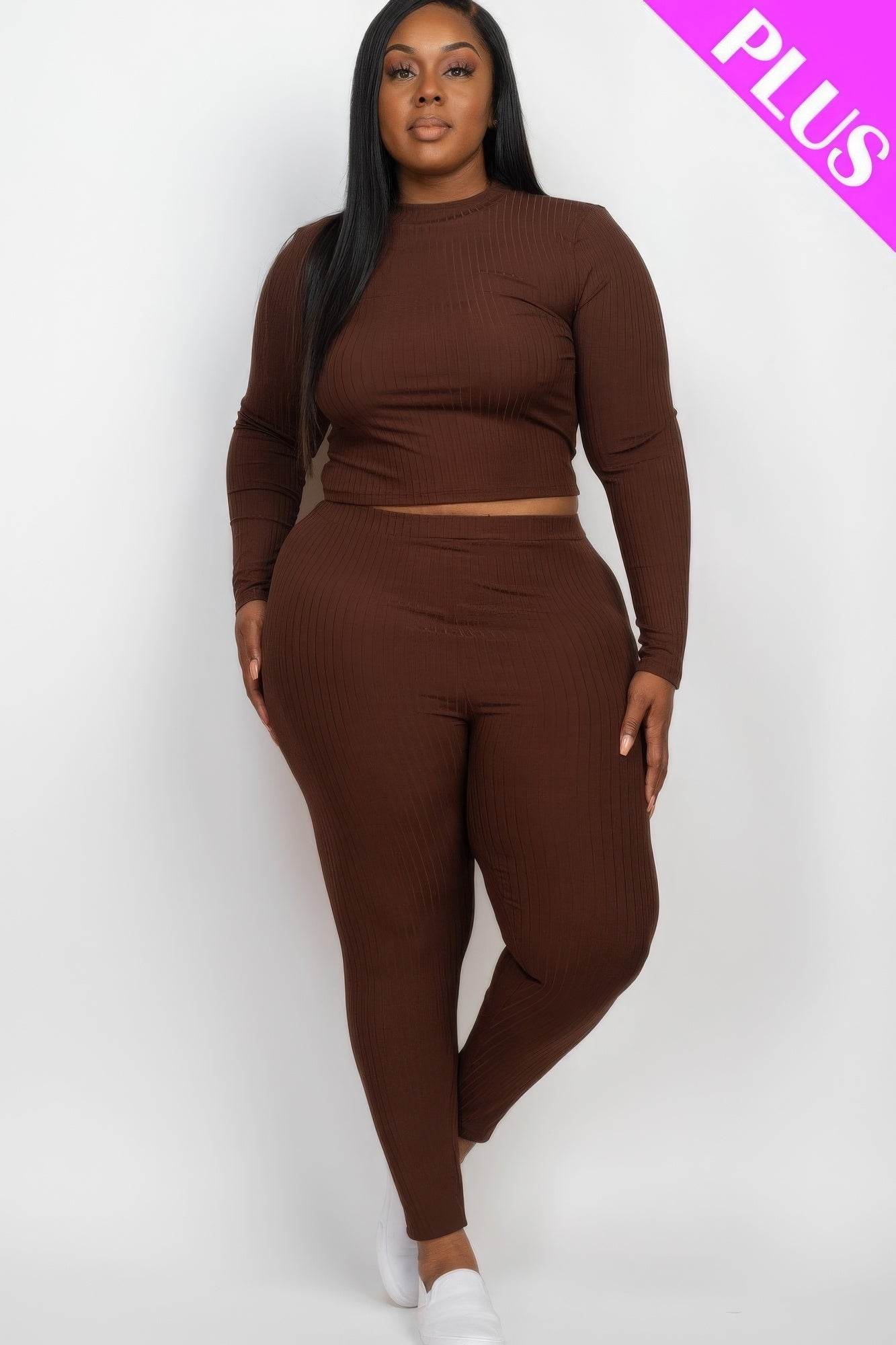 Plus Ribbed Mock Neck Long Sleeve Top & Leggings Set - DaTrendStore.Com